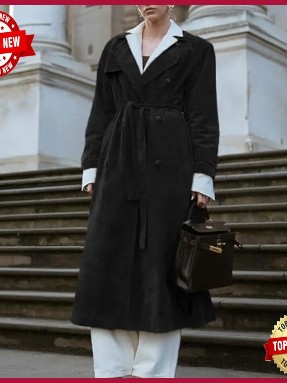 Faux Suede Long Trench Coat Double Breasted Pea Coat Belted Slim Fit - Picture 5 of 7